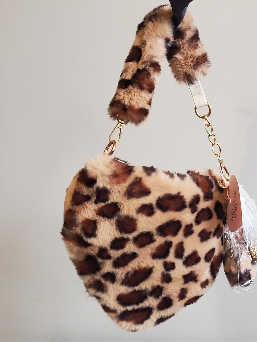 Leopard Print Heart Shaped Plush Mini Purse with Crossbody Chain and Bag Charms